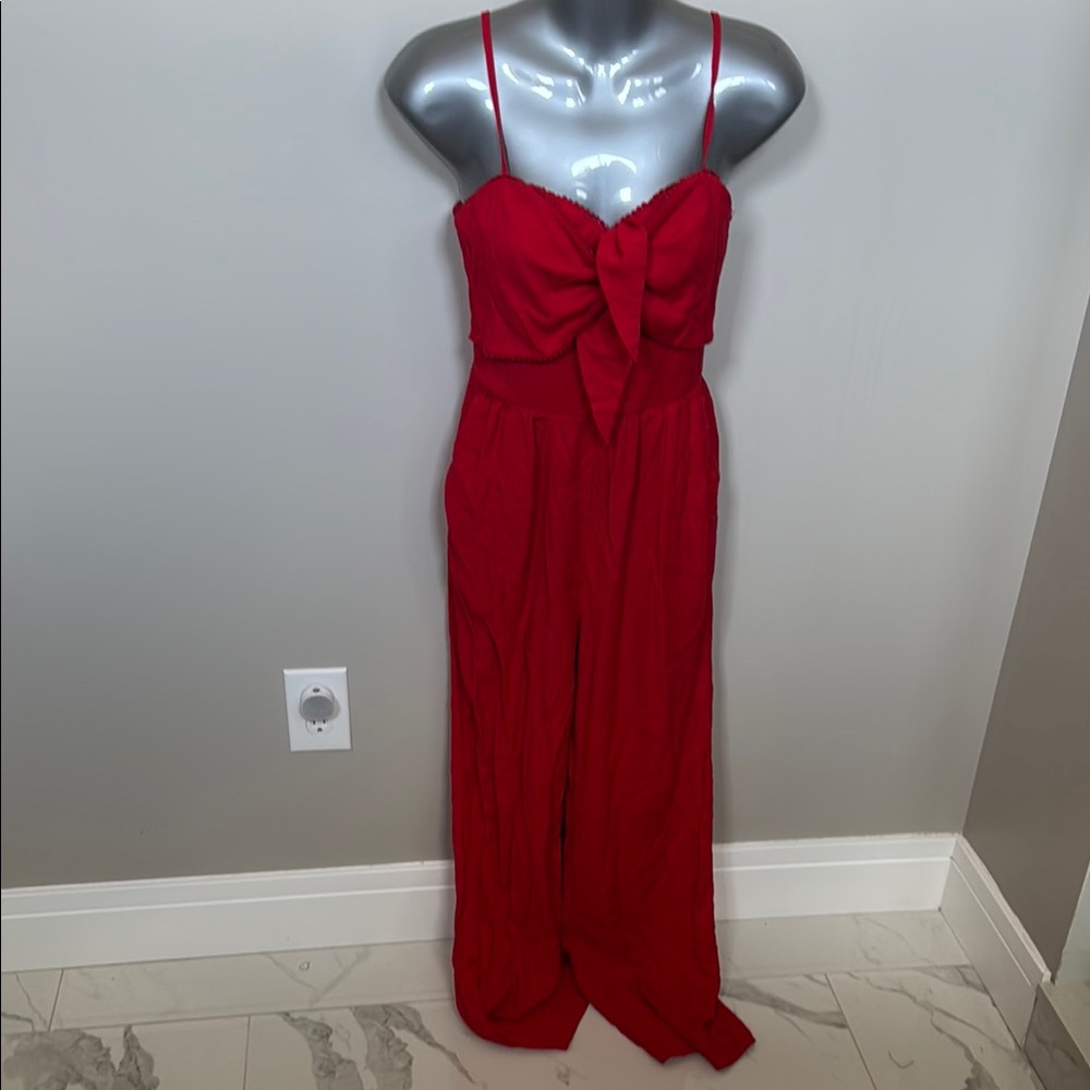 Francesca's Collections Red Jumpsuit with Spaghetti Straps and Wide-Leg Pants